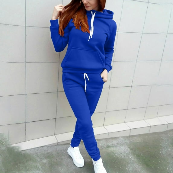 2 Piece Lounge Set Women Long Sleeve Hooded Tops Pants Jogger Hoodie Sweatsuit Casual Solid Color Sweatshirt Sweatpant Suit (Dark Blue M)