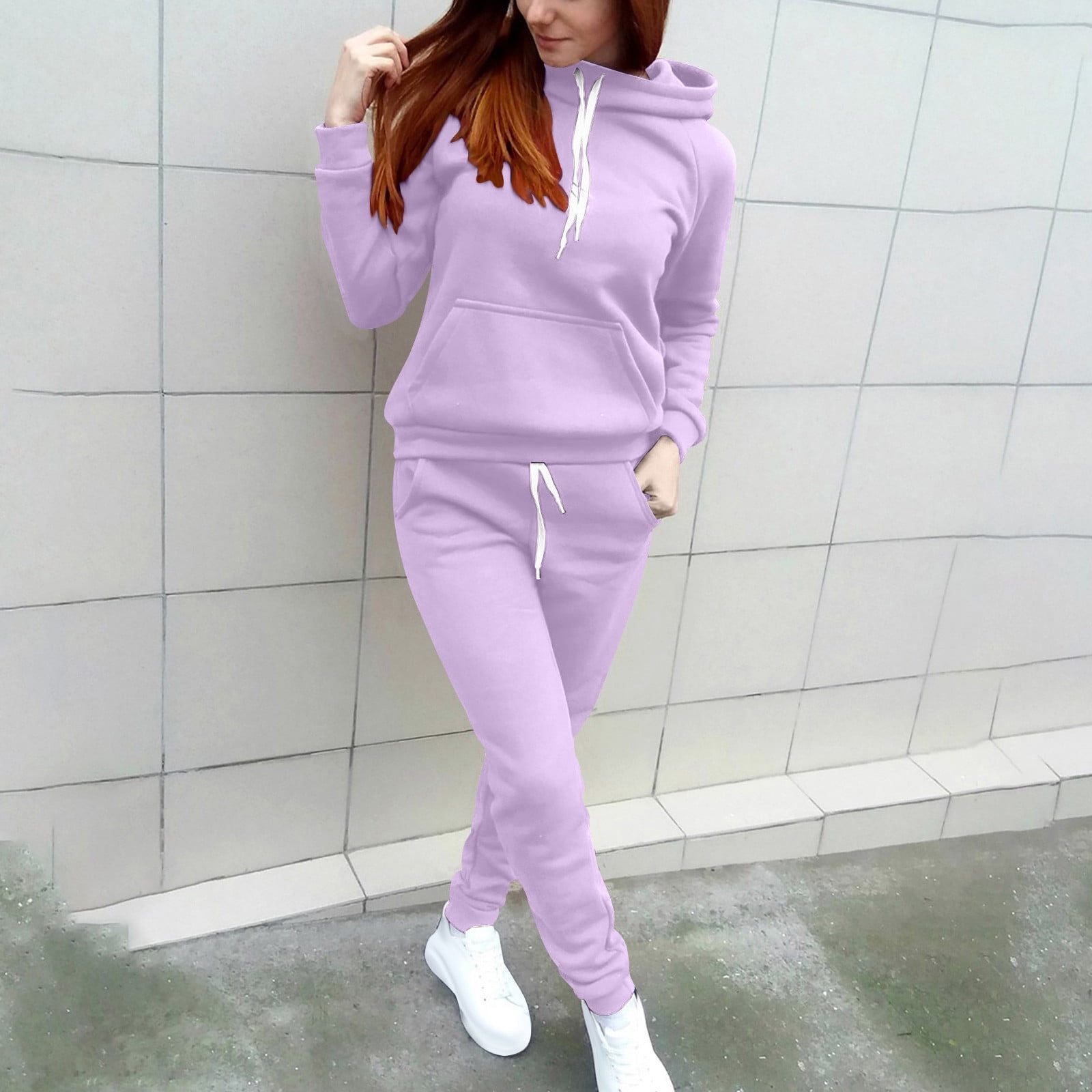 2 Piece Lounge Set Women Long Sleeve Hooded Tops Pants