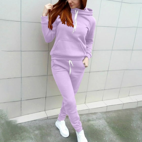 2 Piece Lounge Set Women Long Sleeve Hooded Tops Pants Jogger Hoodie Sweatsuit Casual Solid Color Sweatshirt Sweatpant Suit (Purple 2XL）