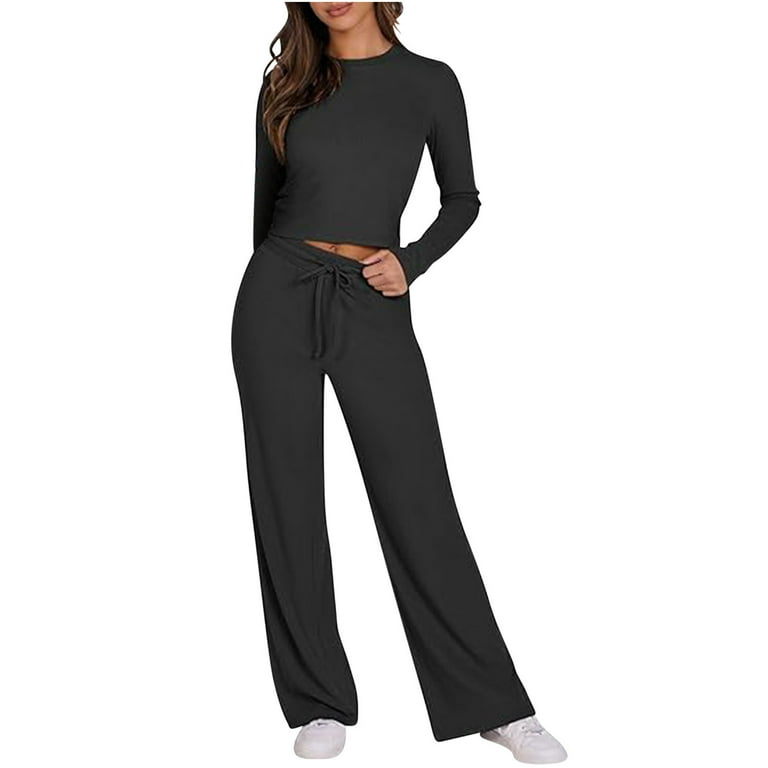 Women SZ L BLACK Solid Knit Ribbed Two Piece Fitted Top & Wide-Leg 2024 Pants Set