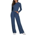 thumbnail image 1 of 2 Piece Lounge Set Women Ribbed Knit Tracksuit Long Sleeve Crop Tops Flare Pants Solid Color Slim Fitting Sets Pajamas Fall Outfits (Blue XL), 1 of 6