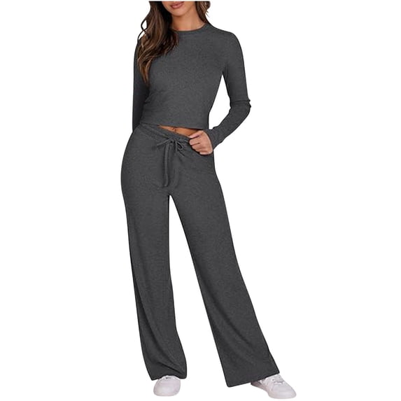 2 Piece Lounge Set Women Ribbed Knit Tracksuit Long Sleeve Crop Tops Flare Pants Solid Color Slim Fitting Sets Pajamas Fall Outfits (Dark Gray 2XL)