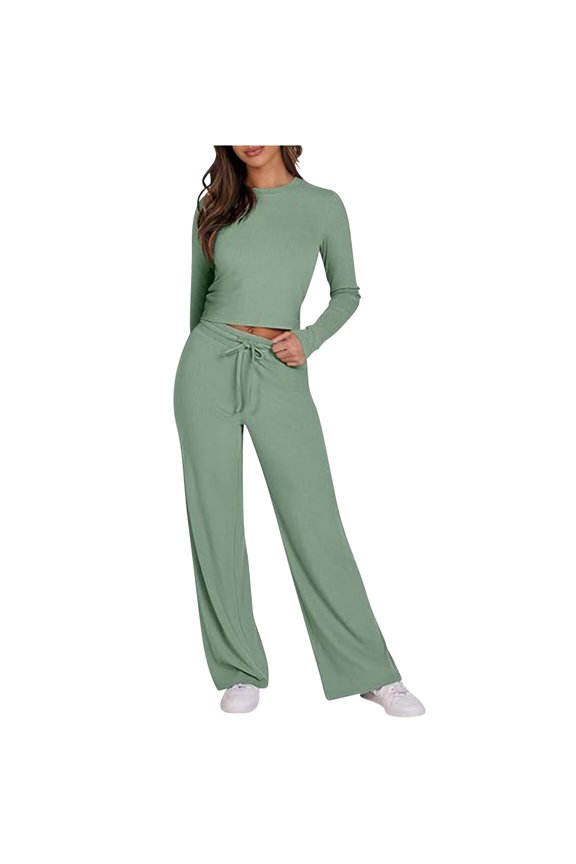 2 Piece Lounge Set Women Ribbed Knit Tracksuit Long Sleeve Crop Tops Flare Pants Solid Color Slim Fitting Sets Pajamas Fall Outfits (Green M)