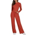 thumbnail image 1 of 2 Piece Lounge Set Women Ribbed Knit Tracksuit Long Sleeve Crop Tops Flare Pants Solid Color Slim Fitting Sets Pajamas Fall Outfits (Red M), 1 of 6