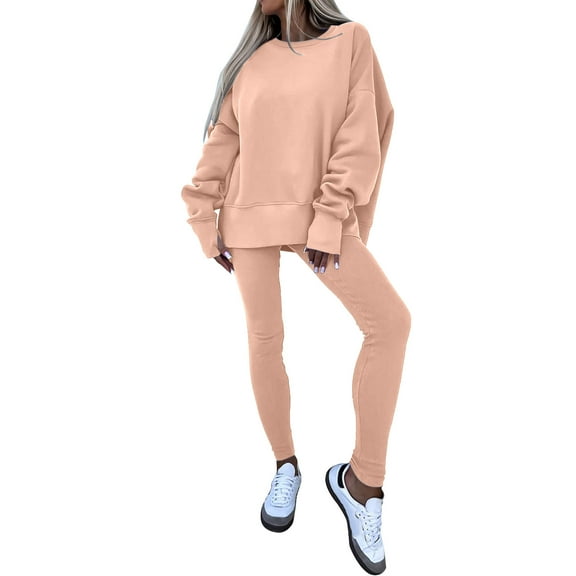 2 Piece Lounge Set Women Sevevn Sweatsuit for Women Casual Two Piece Outfits Oversized Pullover Sweatshirts with Thumb Hole Slit Ribbed Pants