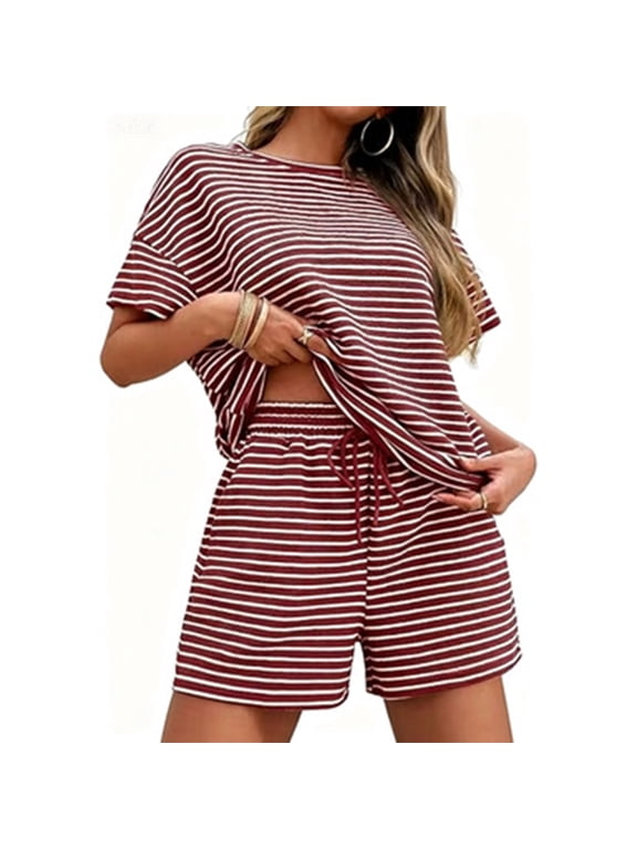 2 Piece Lounge Set Women Spring Summer Stripe Short Sleeve Lounge Matching Shorts Set Casual Beach Vacation Clothes