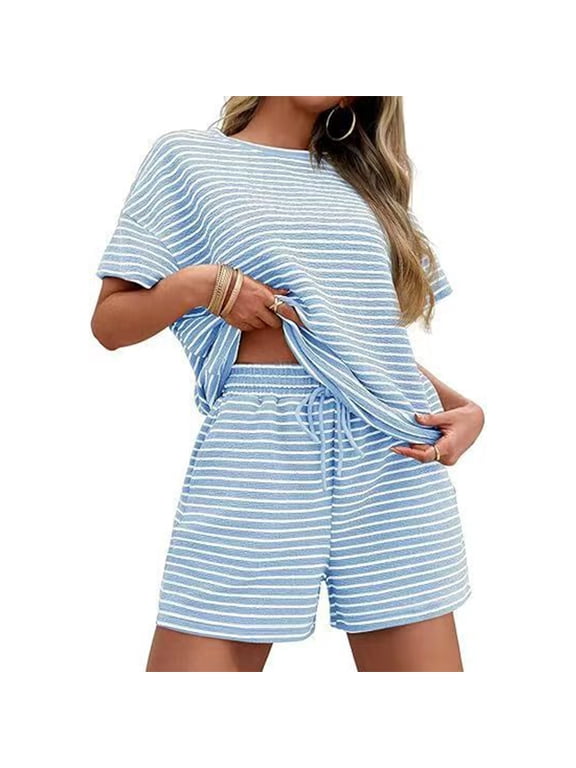 2 Piece Lounge Set Women Spring Summer Stripe Short Sleeve Lounge Matching Shorts Set Casual Beach Vacation Clothes