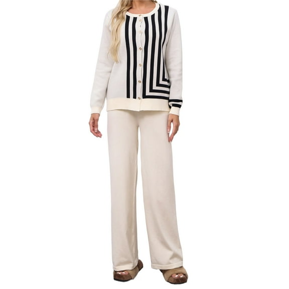 2 Piece Lounge Set Women Striped Color Top Outfits Suits Knitted Cardigan and Wide Leg Pants Fall Loose Sweatsuits (Beige Free Size)