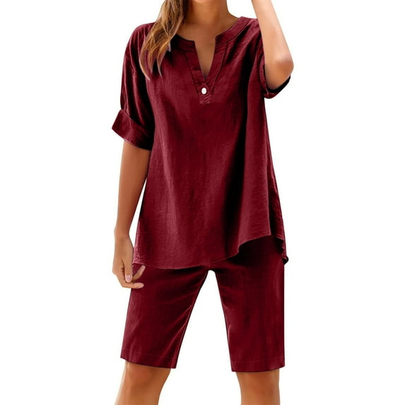 2 Piece Lounge Set Women Summer Clearance Women 2 Piece Cotton Linen Sets Plus Size Lounge Outfits Short Sleeve V Neck Shirt and Capris Pants Casual Streetwear New Wine M