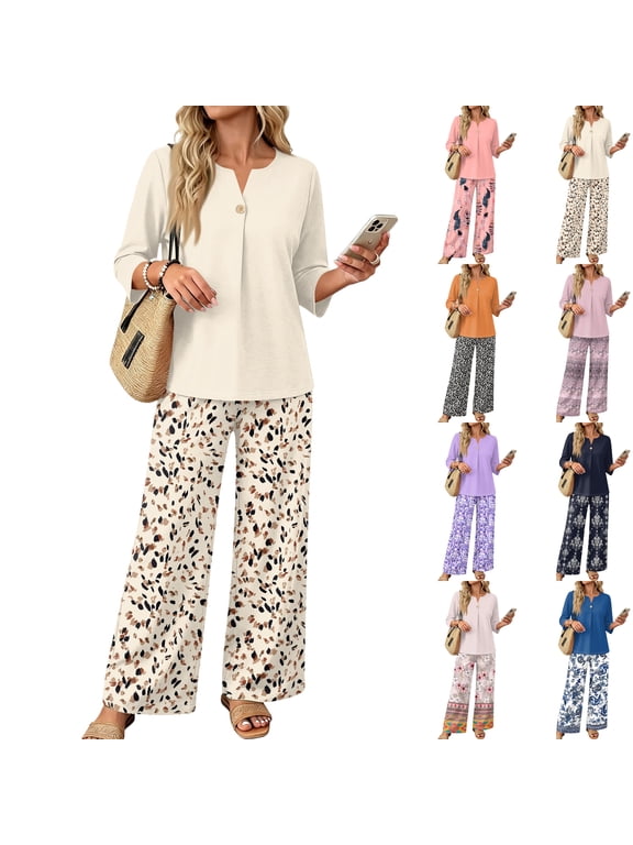 2 Piece Lounge Set Women Vacation Dressy Outfits 3/4 Sleeve V Neck T Shirt & Wide Leg Pants Sets Cozy Cruise Clothes