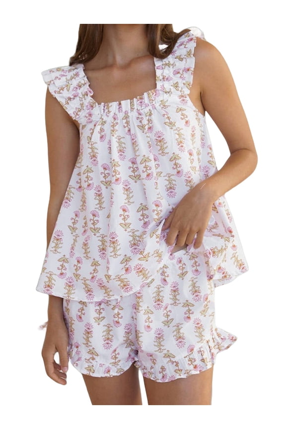 2 Piece Lounge Set Womens Floral Print Pajama Sets Ruffle Trim Cami & Casual Shorts
