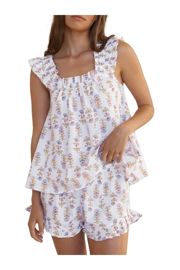 2 Piece Lounge Set Womens Floral Print Pajama Sets Ruffle Trim Cami & Casual Shorts