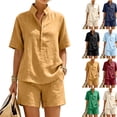 2 Piece Lounge Set for Women Short Sleeve Stand Collar Partial Button ...