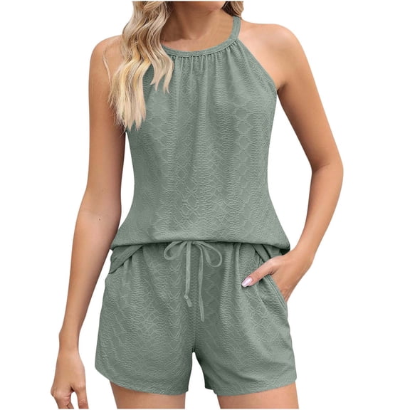 2 Piece Lounge Set for Women Sleeveless Tank Top with Drawstring High Waist Shorts Casual Loungewear