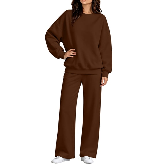 2 Piece Lounge Sets for Women Casual Sweatsuits Crew Neck Oversized Sweatshirt & Wide Leg Pants Soft Fleece Lining Workout Airport Matching Set Tracksuit Fall Winter Outfits