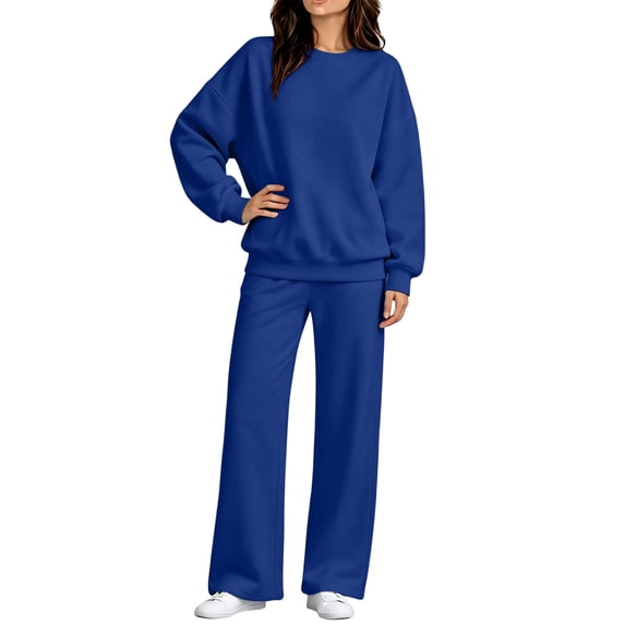 2 Piece Lounge Sets for Women Casual Sweatsuits Crew Neck Oversized Sweatshirt & Wide Leg Pants Soft Fleece Lining Workout Airport Matching Set Tracksuit Fall Winter Outfits