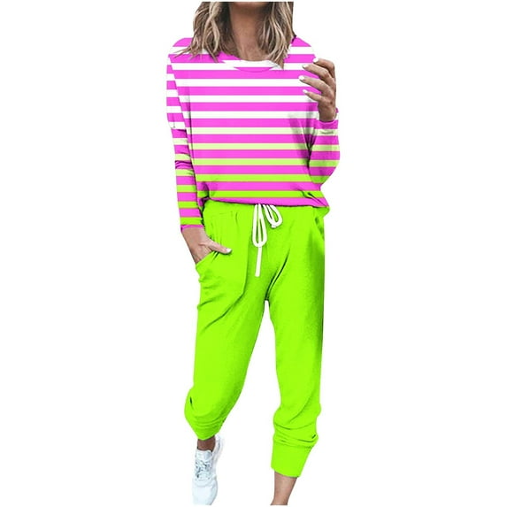 2 Piece Lounge Sets for Women Travel Women Short Sets 2 Piece Outfits Fall Women's Fashionable Loose Printed Long Sleeved Round Neck Drawstring Casual Set