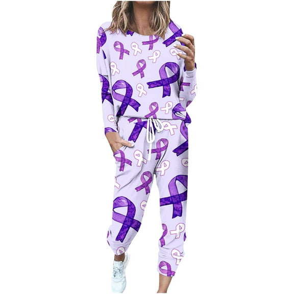 2 Piece Lounge Sets for Women Breast Cancer Casual Festival Outfits Long Sleeve Plus Size Sweatshirt Pants Cotton Sweatsuit, Purple, XXL