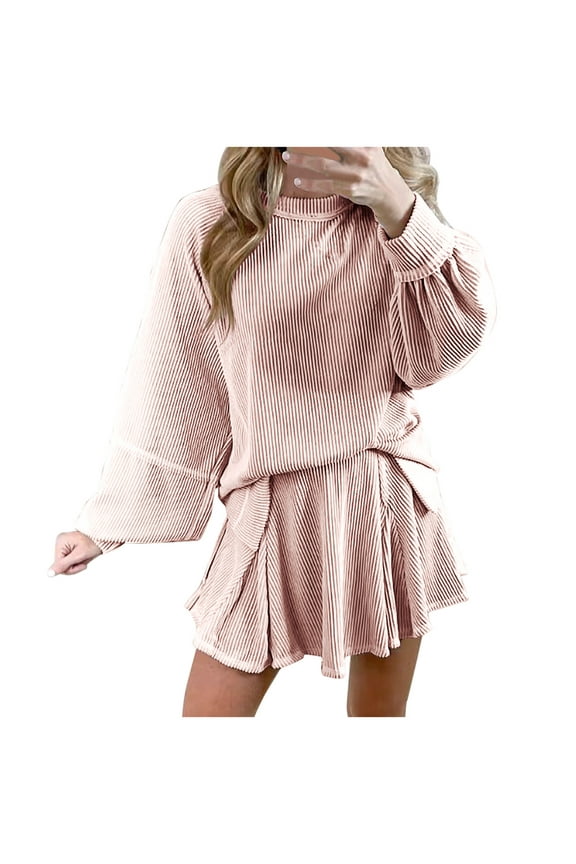 2 Piece Lounge Sets for Women Fall Linen Pants Set for Women Pink Women'S Spring/Summer Solid Color Long Sleeve Shorts Patchwork Casual Suit reorders
