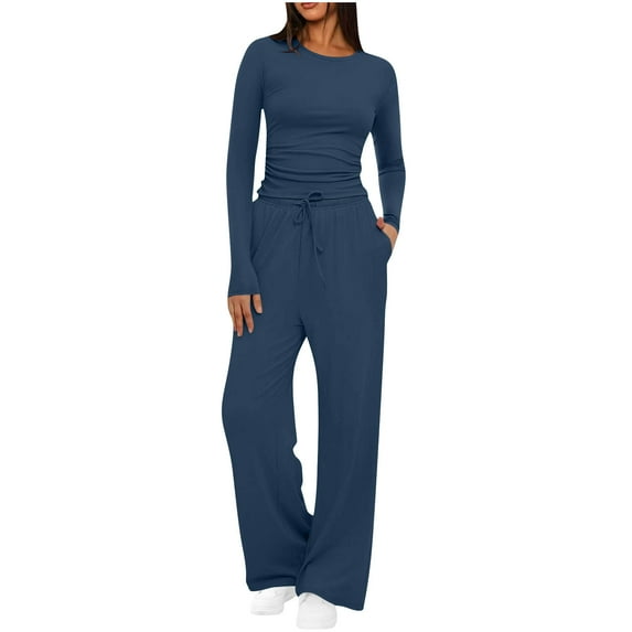 2 Piece Lounge Sets for Women Fall Outfits Long Sleeve Wide Leg Tracksuits Womens Casual Loungewear Matching Sets (XL, Navy)