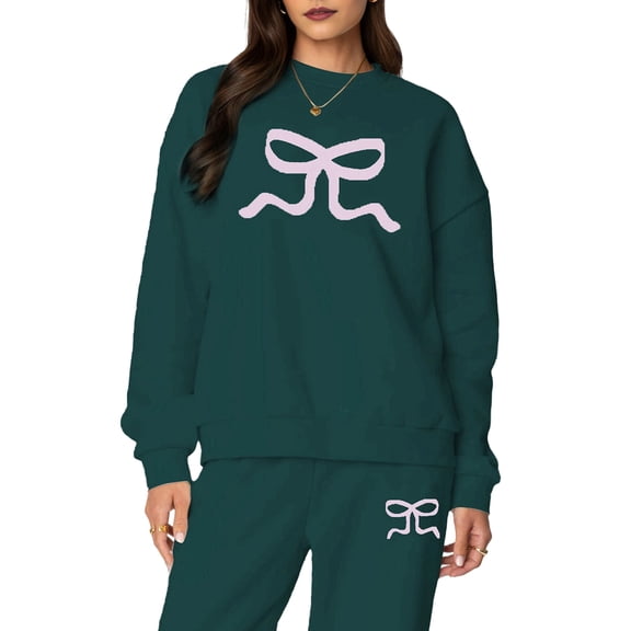 2 Piece Lounge Sets for Women Long Sleeve Crew Neck Print Matching Tracksuit Green XL