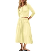 2 Piece Lounge Sets for Women Matching Vacation Outfits Button Down Ribbed Cardigan Elastic Waist Skirt Sets