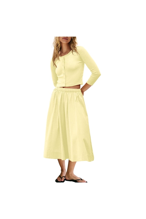 2 Piece Lounge Sets for Women Matching Vacation Outfits Button Down Ribbed Cardigan Elastic Waist Skirt Sets