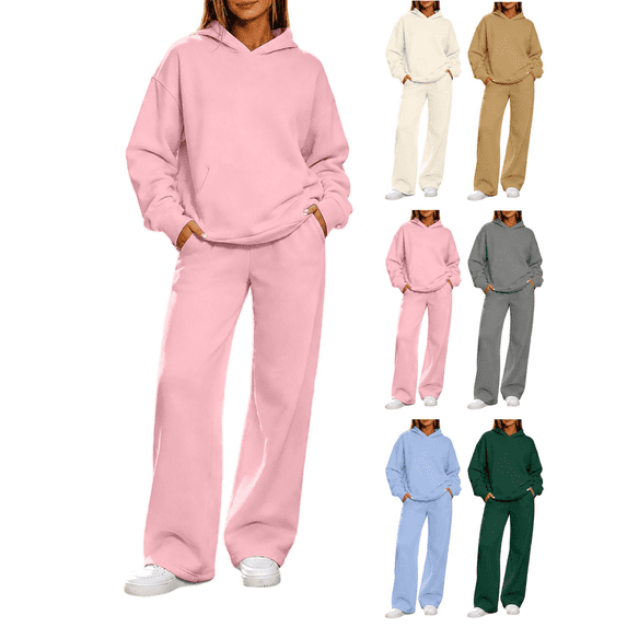 2 Piece Lounge Sets for Women Oversized Hoodie With Kangaroo Pocket Wide Leg Pants Elastic Waistband Matching Sweatsuit