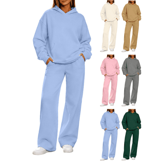 2 Piece Lounge Sets for Women Oversized Hoodie With Kangaroo Pocket Wide Leg Pants Elastic Waistband Matching Sweatsuit