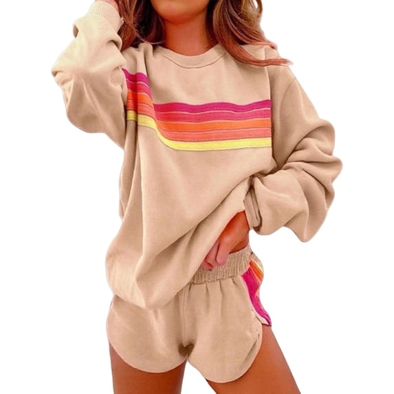 2 Piece Lounge Sets for Women Rainbow Striped Outfits Casual Long Sleeve Sweatshirt Shorts Trendy Matching Sweatsuit