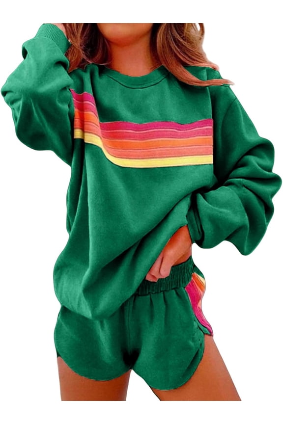 2 Piece Lounge Sets for Women Rainbow Striped Outfits Casual Long Sleeve Sweatshirt Shorts Trendy Matching Sweatsuit