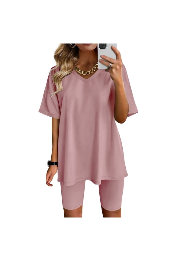 2 Piece Loungewear Sets for Women Shorts Sleeve V-Neck Top Biker Short Set Casual Solid Loose Fit Athletic Sports Outfits