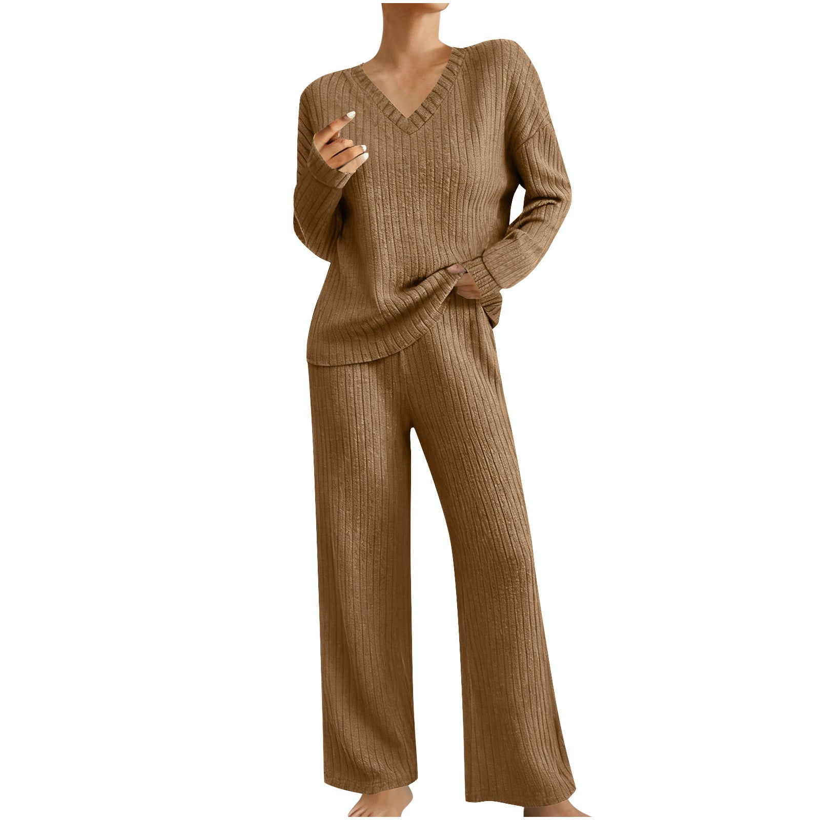 【新品未開封 在庫ラスト】RIB KNIT LOUNGE SET / BROWN 2 Piece Lounge Sets for Women Stripe Knit Casual V Neck Long
