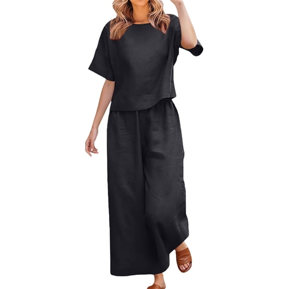 2 Piece Lounge Sets for Women Summer 2026 Short Sleeve Matching Wide Leg Outfits Casual Spring Travel Beach Vacation Sweatsuit