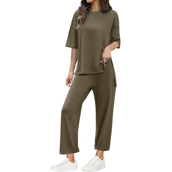 2 Piece Lounge Sets for Women Travel Vacation Outfits Summer Casual Loose Short Sleeve Tops & Wide Leg Pants (XL, Army Green)