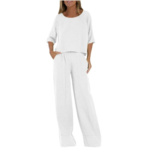 2 Piece Loungewear Set Women New 2 Piece Sets for Women Soft Short Sleeve Matching Loungewear Set Wide Leg Pants Tracksuit Travel Summer Outfits White 5XL