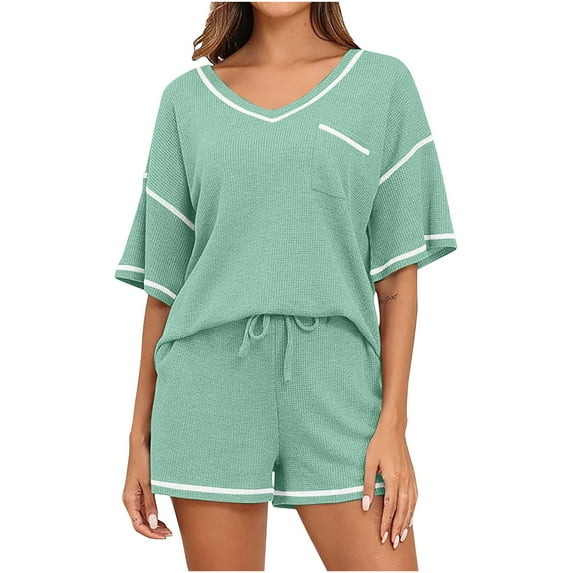 2 Piece Loungewear Set for Women Knit Matching Sets Short Sleeve Top with Lounge Shorts 2PCS Outfits
