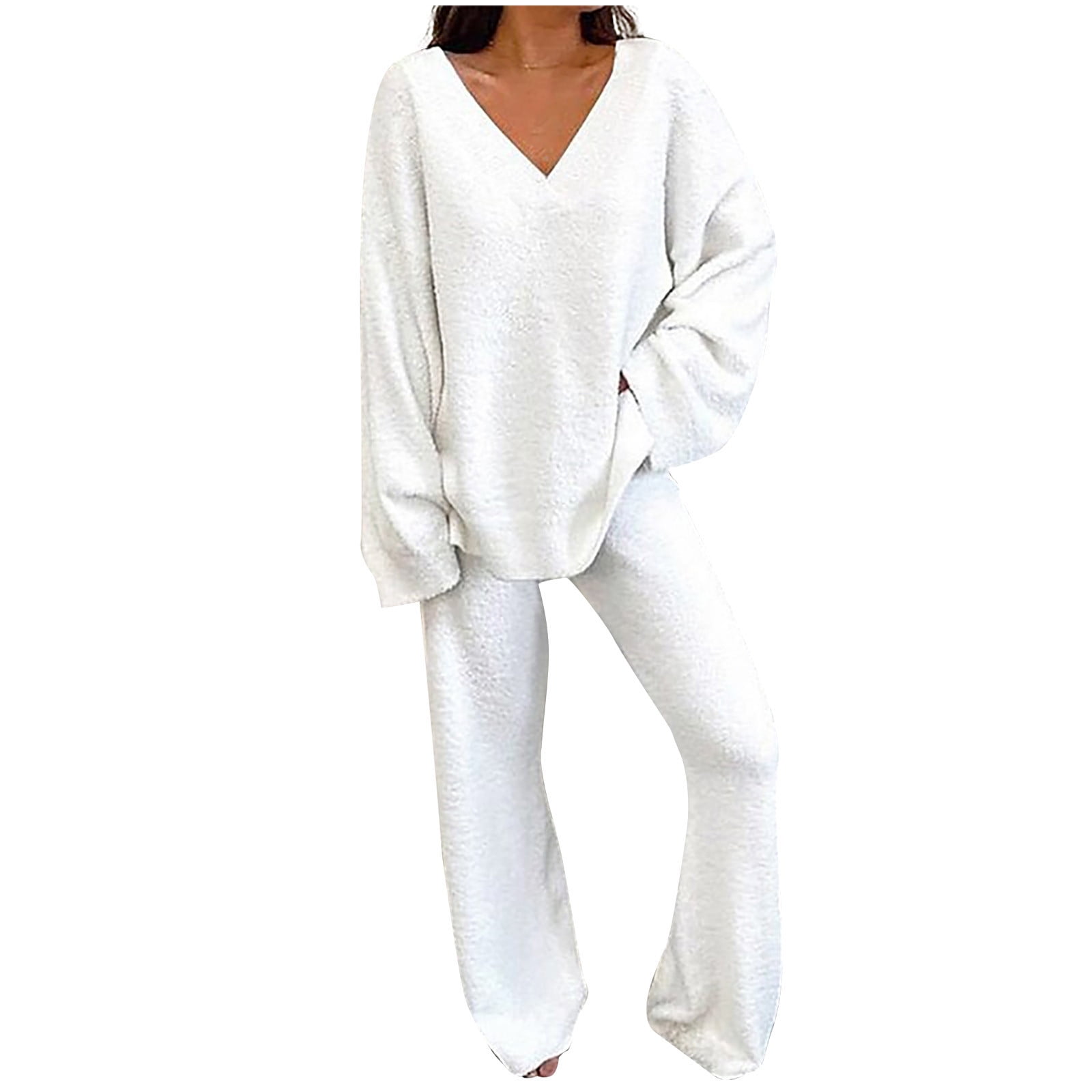 2 Piece Loungewear Sets for Women Long Sleeve V Neck Tops with High Waist Wide Leg Pants Solid Fuzzy Fleece Casual Loose Sets White M Walmart