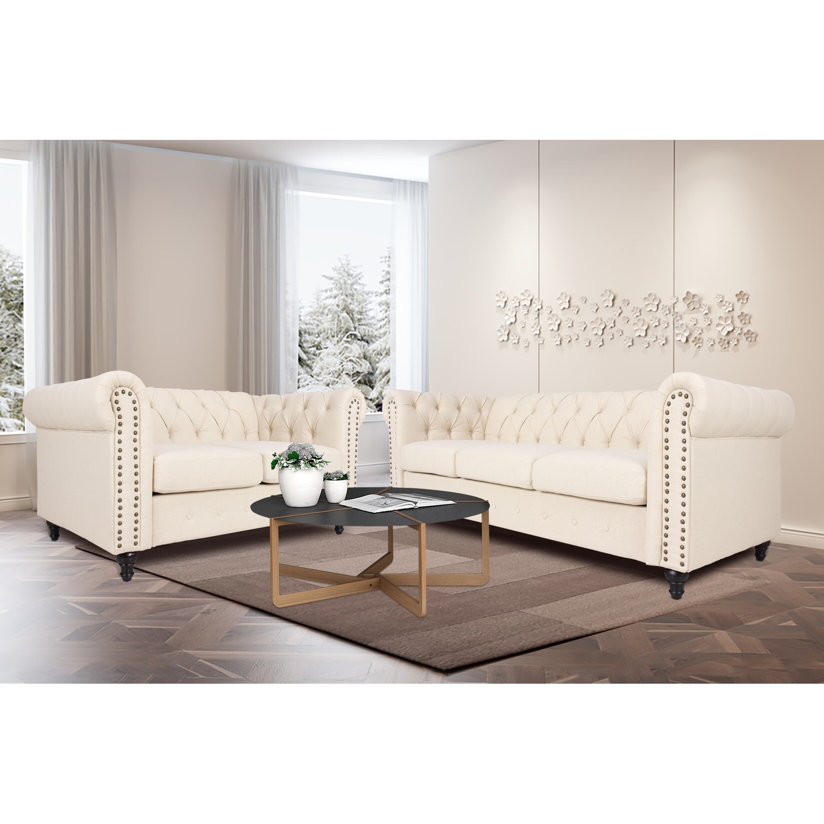 2 Piece Loveseat and Sofa Chesterfield Buttontufted Living Room Set