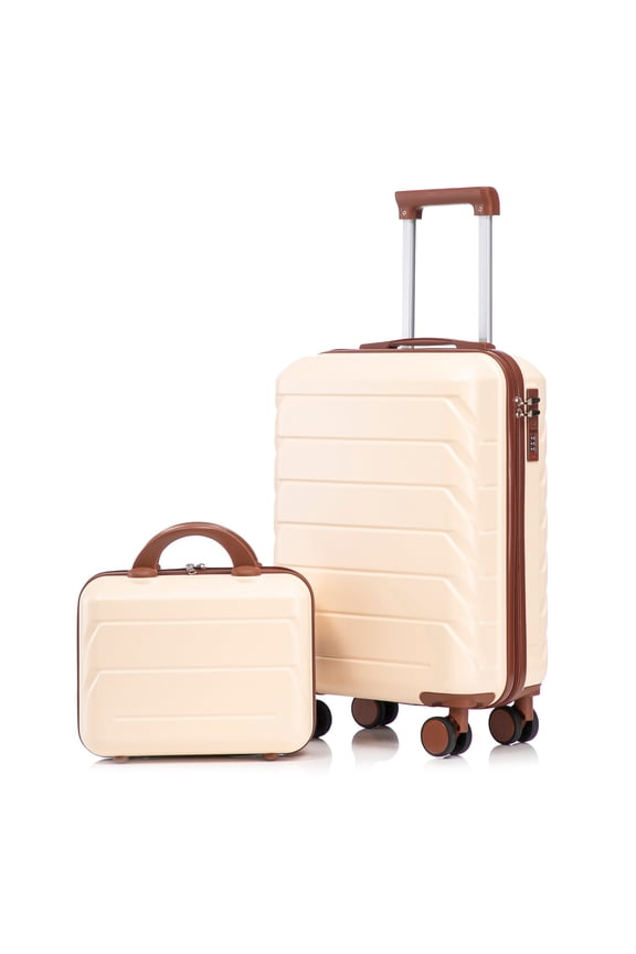 2-Piece Luggage Set (14/20 Inch), ABS Hard Shell with Spinner Wheels & Built-in Combination Lock, Includes 14" Cosmetic Case, Beige