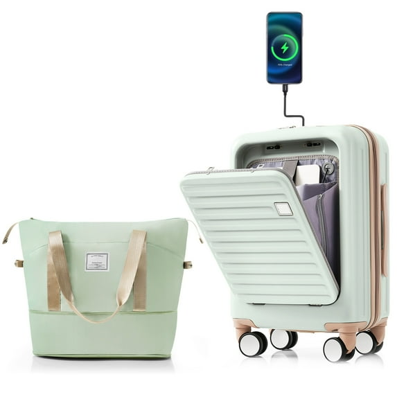 2 Piece Luggage Sets, Hard Shell Suitcase 20 Inches with Expandable Travel Bag, USB Port , Cup Holder, Front Opening Travel Luggage for Men Women, Grey Green