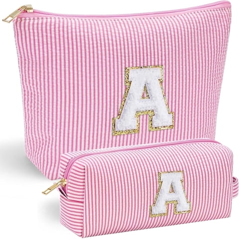 2-Piece Makeup Bag Set for Women, Large Quilted Cotton Cosmetic Organizer Bags with Zipper, Pink