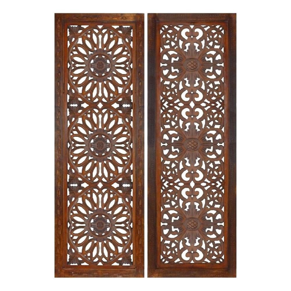 Set of 2 Hand Carved Mango Wood Wall Panels-Burnt Brown Medallion Design