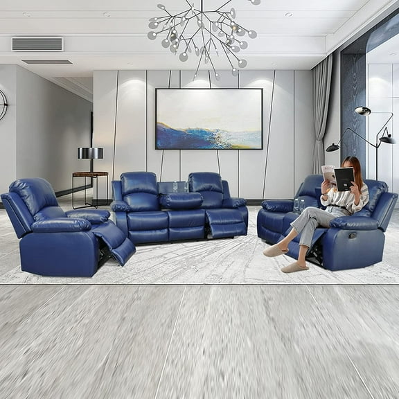 2 Piece Manual Recliner Sofa Couch, Home Theater Seating with Cup Holders, Living Room Furniture Sofa Set for Home Office (Sofa   Loveseat)