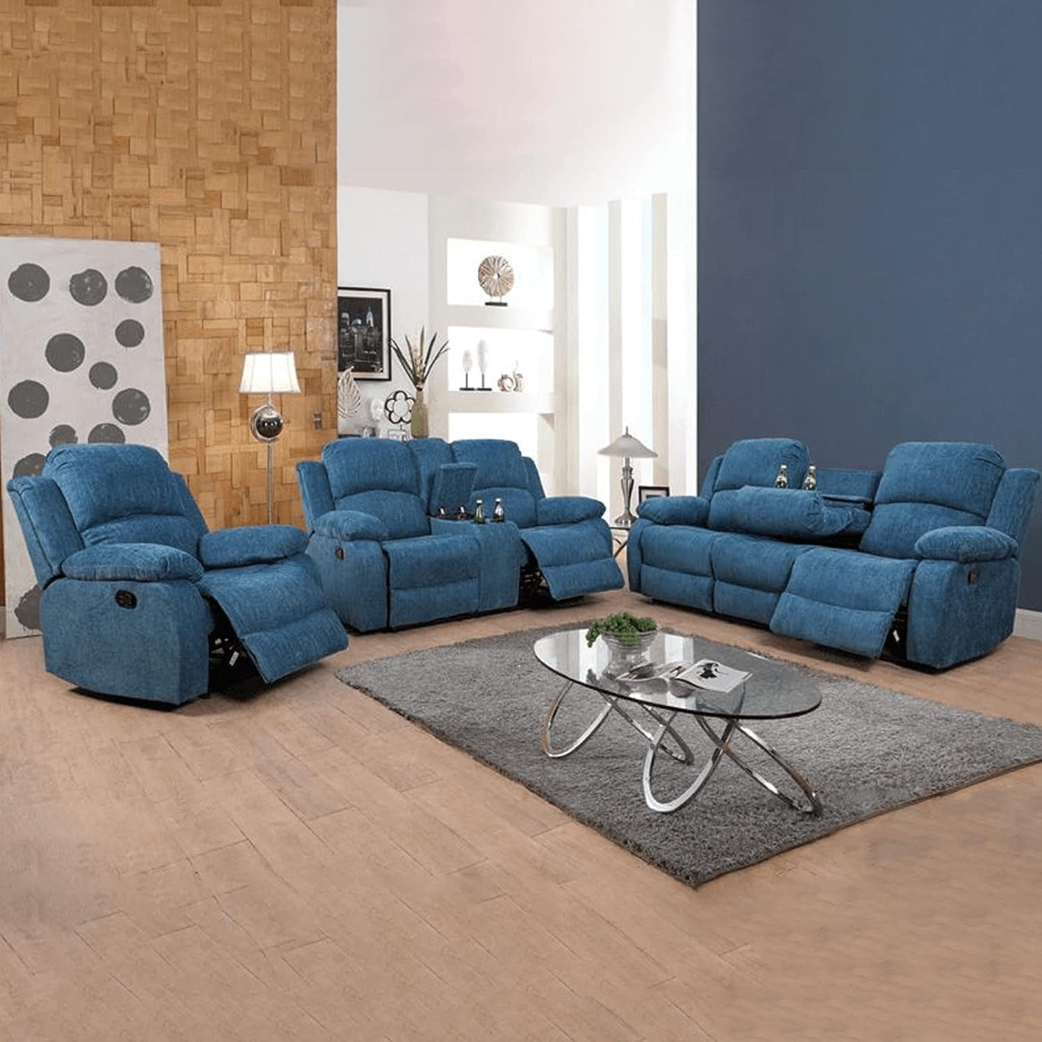 Pon Living Furniture Inc Manual Recliner Sofa Couch 2 Piece Microfiber Cup Holder and Storage Area Sofa Set Light Blue
