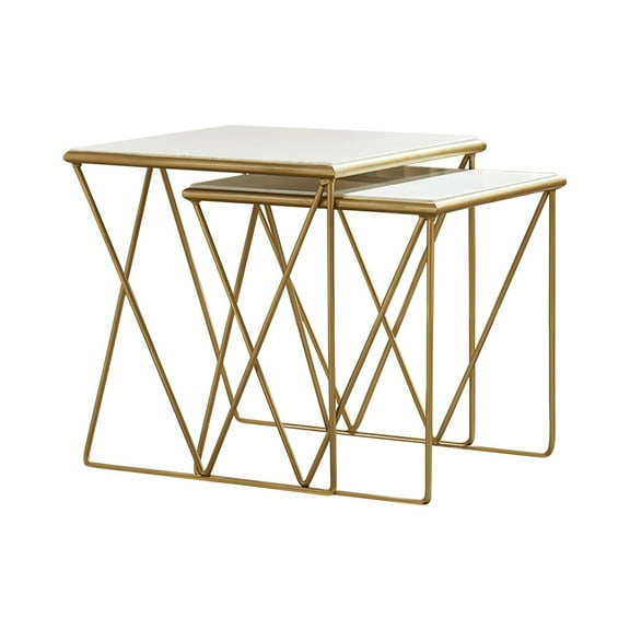 2 Piece Marble Top Nesting Table with Geometric Base White and Gold - Saltoro Sherpi