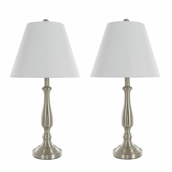 2 Piece Matching Brushed Steel Table Lamp Set with Shades LED Bulbs Included