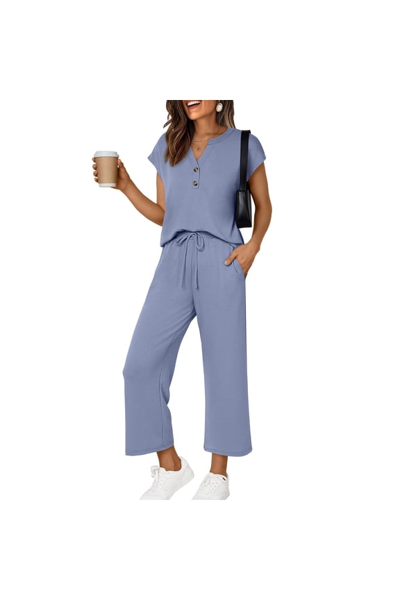 2 Piece Matching Lounge Sets for Women Summer Henley Neck Wide Leg Pants Casual Sweat Suit