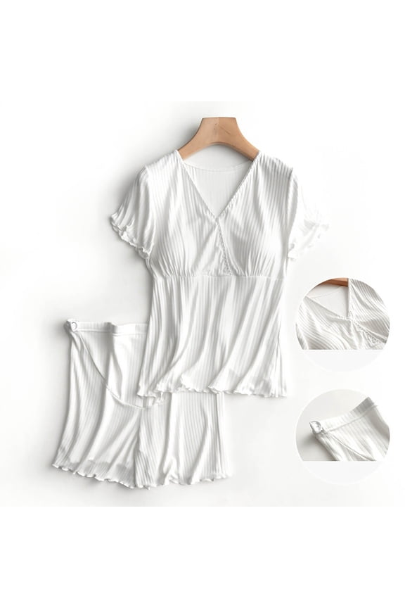 2 Piece Maternity Pajamas Set Padded Short Sleeve Tops Shorts Nursing Casual Soft Breastfeeding Pjs Sleepwear Loungewear White L