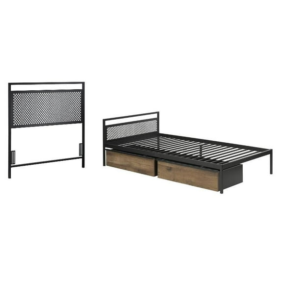 2 Piece Mates Bed and Headboard Set in Black and Vintage Oak